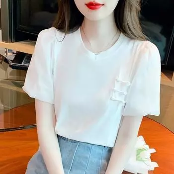 Летняя свободная однотонная белая рубашка с круглым вырезом, женская пышная блузка с коротким рукавом, женские топы, милая элегантная рубашка для женщин, модная одежда 24192 S белый
