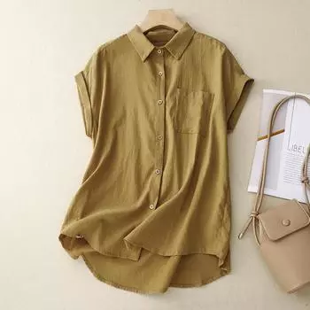 Летняя свободная однотонная рубашка из хлопка и пенькового воротника с коротким рукавом, женская рубашка, топ, блузки и рубашки M