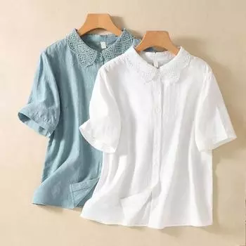 Летняя свободная однотонная рубашка из хлопка и льна с короткими рукавами для женщин S светло-синий