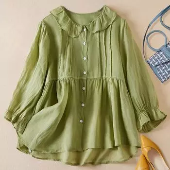 Летняя свободная однотонная рубашка из хлопка и пеньки с воротником-стойкой и семью рукавами, женская рубашка M зелёный
