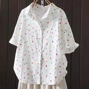 Летняя Свободная Похудение Ретро Принт Повседневная Рубашка С Короткими Рукавами, Уменьшающая Возраст, Женская Рубашка M белый