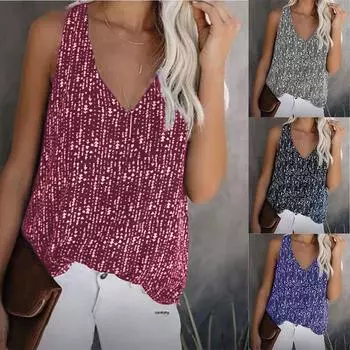 Летняя свободная повседневная футболка без рукавов с V-образным вырезом и цветным принтом для женщин S чёрный