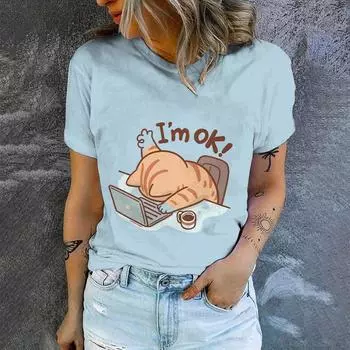 Летняя свободная повседневная футболка с круглым вырезом и коротким рукавом, высокое качество, мультяшный кот, 3D-принт, женская футболка, уличная мода, новый свободный топ, размер S-6XL S