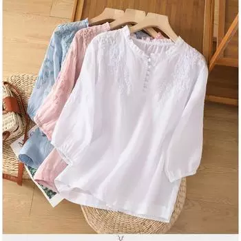 Летняя свободная повседневная футболка с рукавом семь четвертей и вышитым художественным ретро-топом для женщин Футболки (Женский) M синий