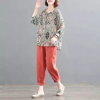 Летняя свободная повседневная рубашка из хлопка и льна с цветочным принтом на шнуровке с эластичным поясом, винтажные однотонные брюки, комплект из женской блузки и брюк XXXL зелёный