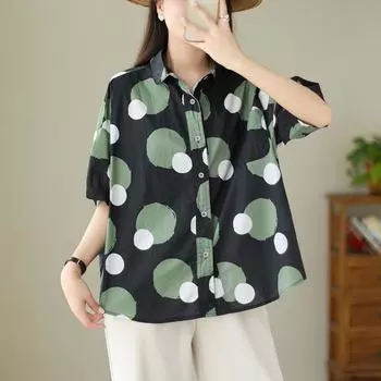 Летняя свободная рубашка большого размера с принтом в горошек, уменьшающая возраст, повседневная рубашка, топ для женщин, блузки и рубашки L синий