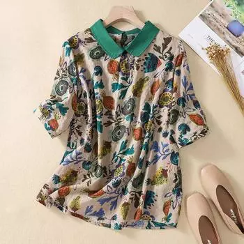 Летняя свободная рубашка из хлопка и льна с принтом и короткими рукавами, женская рубашка, топ, блузки и рубашки L зелёный