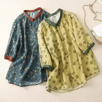 Летняя свободная рубашка из хлопка и льна с принтом и короткими рукавами для женщин, рубашки, топы, блузки и рубашки M синий