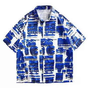 Летняя свободная рубашка с принтом и лацканами с коротким рукавом M ультрамарин синий