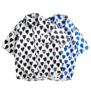 Летняя свободная рубашка с принтом и лацканами, повседневная мужская рубашка с коротким рукавом M чёрный