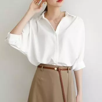 Летняя свободная рубашка с рукавами-фонариками для поездок на работу, универсальная, не мнется, белая, со средним рукавом S белый