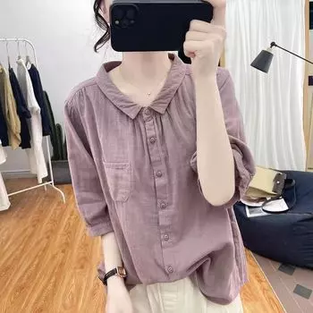 Летняя свободная рубашка с рукавом три четверти, женская повседневная свободная однотонная рубашка с омолаживающими лацканами в стиле ретро, солнцезащитная рубашка XXXL белый