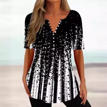 Летняя свободная рубашка с V-образным вырезом и короткими рукавами, плиссированная, на пуговицах, для женщин Футболки женские S чёрный