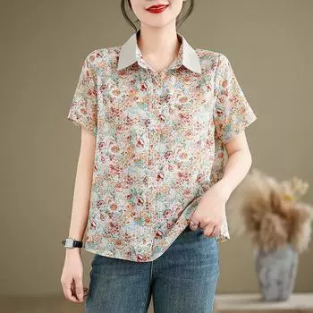 Летняя свободная рубашка свободного покроя в стиле ретро с цветочным принтом и короткими рукавами для женщин M