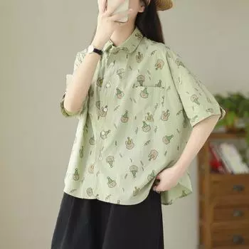 Летняя свободная рубашка-топ в стиле ретро с короткими рукавами и закругленным подолом для женщин, блузки и рубашки L