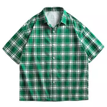 Летняя свободная рубашка в клетку с принтом, мужская рубашка с коротким рукавом M чёрный