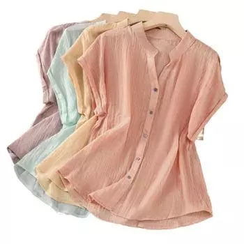 Летняя свободная рубашка в стиле ретро с короткими рукавами для женщин M светло-синий