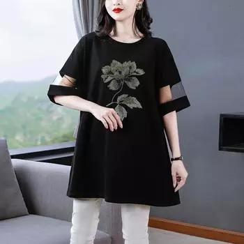 Летняя свободная сетчатая блузка средней длины с короткими рукавами, женская тонкая футболка с бриллиантами большого размера XXXXXXL чёрный