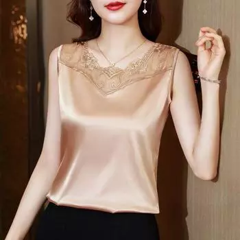 Летняя свободная шелковая рубашка без рукавов, элегантные офисные женские топы, повседневная одежда, модная атласная блузка с кружевной вышивкой для женщин 25219 M шампанского