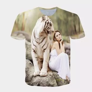 Летняя свободная спортивная футболка с короткими рукавами и принтом в виде тигра S