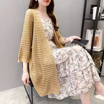 Летняя свободная тонкая часть внешнего лацкана для женщин в длинной части нового вязаного свитера с полой рубашкой с v-образным вырезом и солнцезащитной курткой с шалью One Size белый