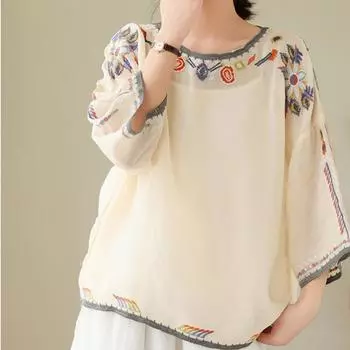 Летняя свободная тонкая футболка для женщин, блузка большого размера с этнической вышивкой, топ с круглым вырезом и половиной рукавов M белый
