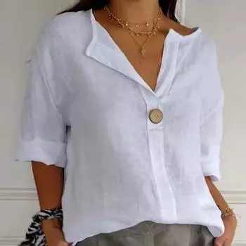 Летняя свободная тонкая футболка из хлопка и льна, женская, с V-образным вырезом, на пуговицах XXXXXL белый