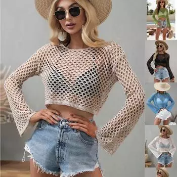 Летняя свободная трикотажная блузка с открытыми плечами, женские повседневные рубашки с расклешенными рукавами и круглым вырезом для женщин, модные элегантные однотонные укороченные топы 24123 S белый