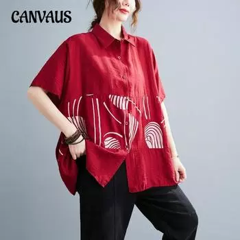 Летняя свободная удобная женская рубашка больших размеров из хлопка и льна с короткими рукавами и принтом с лацканами One Size белый