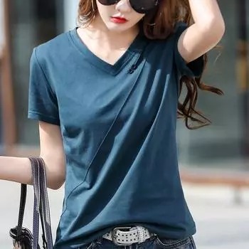 Летняя свободная утягивающая свободная футболка с V-образным вырезом 95 хлопка с короткими рукавами женская верхняя футболка женская M белый
