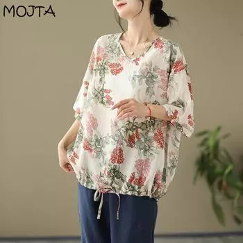 Летняя свободная женская блузка большого размера с v-образным вырезом и короткими рукавами, футболка с принтом one size