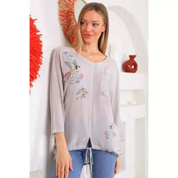 Летняя свободная женская блузка из вискозной ткани с цветочным принтом и птицами