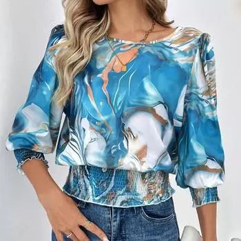 Летняя свободная женская блузка с круглым вырезом и принтом, новая повседневная повседневная модная рубашка с рукавами-фонариками, женские простые плиссированные весенние топы 3574 S