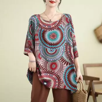 Летняя свободная женская футболка большого размера с принтом из хлопка, топ для мам с короткими рукавами, футболки в этническом стиле для женщин L