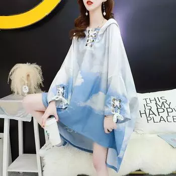 Летняя свободная женская рубашка с принтом для студентов, корейские негабаритные бандажные топы с капюшоном M