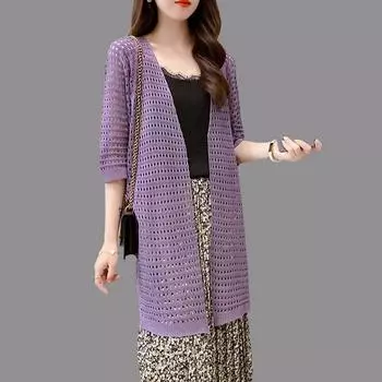 Летняя свободная женская трикотажная рубашка средней длины с тонкой планкой, новая полая рубашка с v-образным вырезом, солнцезащитная куртка с шалью One size- серый