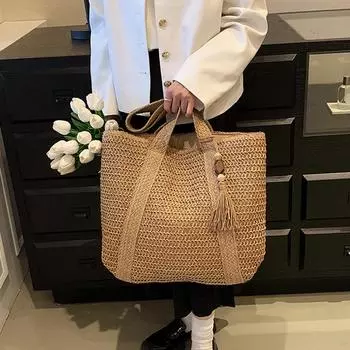 Летняя тканая сумка на плечо, женская пляжная сумка, женская соломенная вязаная сумка ручной работы, большая вместительная сумка, дорожная сумка-шоппер с кисточками 36*40*2cm зелёный