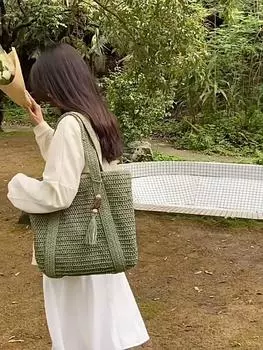 Летняя тканая сумка на плечо, женская пляжная сумка, женская соломенная вязаная сумка ручной работы, большая вместительная сумка, дорожная сумка-шоппер с кисточками хаки