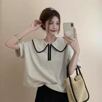 Летняя толстая куртка на половинной молнии мм300 кг, корейская версия ins design sense, ниша, кукольный воротник, французская футболка, женская с короткими рукавами 2XL