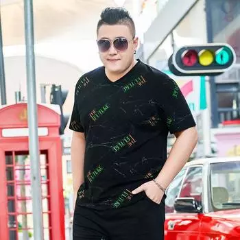 Летняя толстая мужская свободная футболка с половиной рукавов с модным принтом, большие рубашки с короткими рукавами, топы для толстяков 2XL чёрный