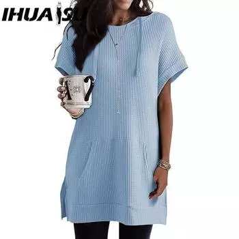 Летняя толстовка с капюшоном IHUASU с завязками и вафельным узором, боковыми разрезами и карманами на поясе S белый