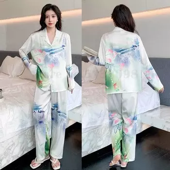 Летняя тонкая домашняя одежда, пижама с принтом в китайском стиле, брюки с длинными рукавами, атласный пижамный комплект, повседневная свободная пижама M