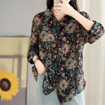 Летняя тонкая дышащая мягкая Повседневная рубашка в стиле отпуска в стиле ретро с цветочным принтом, солнцезащитная блузка для женщин One Size зелёный