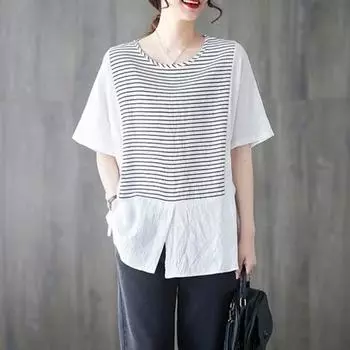 Летняя тонкая футболка из хлопка и льна с короткими рукавами для женщин в винтажном стиле, полосатая, универсальная, повседневная, утягивающая L белый