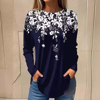 Летняя тонкая футболка с круглым вырезом и длинными рукавами с цветочным принтом 3D, повседневный свободный женский топ S