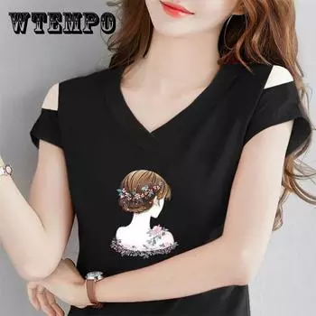 Летняя тонкая футболка с открытыми плечами, черная футболка с короткими рукавами, женская футболка с открытыми плечами и V-образным вырезом, корейская версия, утягивающая рубашка XXXL белый