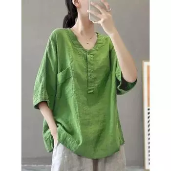 Летняя тонкая футболка с V-образным вырезом и короткими рукавами, женская однотонная ретро-футболка, универсальная, повседневная, свободная, хлопковая, льняная, пуловер, топ M трава зеленый