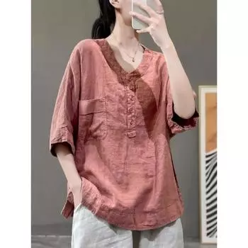 Летняя тонкая футболка с V-образным вырезом и короткими рукавами, женская однотонная ретро-футболка, универсальная, повседневная, свободная, хлопковая, льняная, пуловер, топ 3XL белый