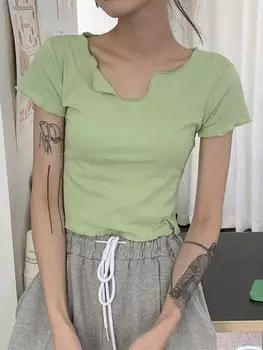 Летняя тонкая футболка, женская сексуальная футболка с коротким рукавом, серая футболка с v-образным вырезом, женская однотонная базовая черная/белая корейская укороченная футболка, хит продаж Y2k M белый