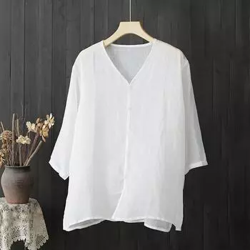 Летняя тонкая хлопковая Inen Artistic свободная посадка, большой размер, V-образный вырез, средний рукав, маленькая рубашка, легкая тонкая рубашка, топ для женщин M белый